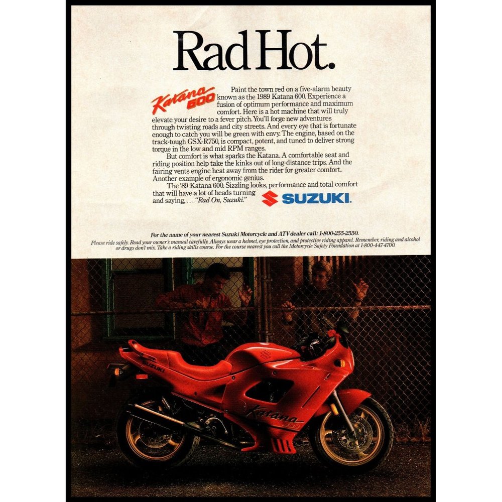 1989 Suzuki Katana 600 Sport Bike Motorcycle Rad Hot Vintage Print Ad Wall Art
